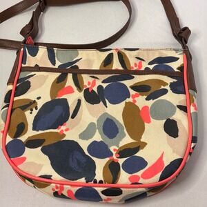 Fossil Abstract Floral Canvas Crossbody Bag Brown Leather Trim Coral Piping